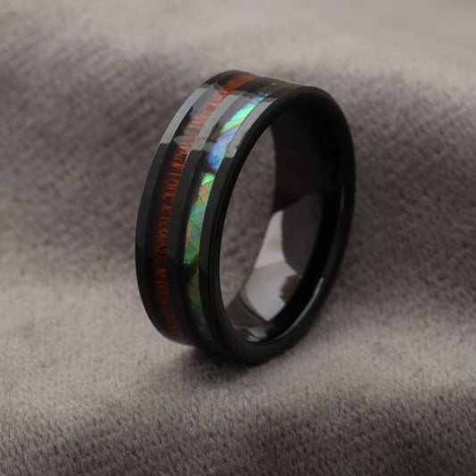 Black Tungsten Ring with Koa Wood & Abalone Shell Inlay A170