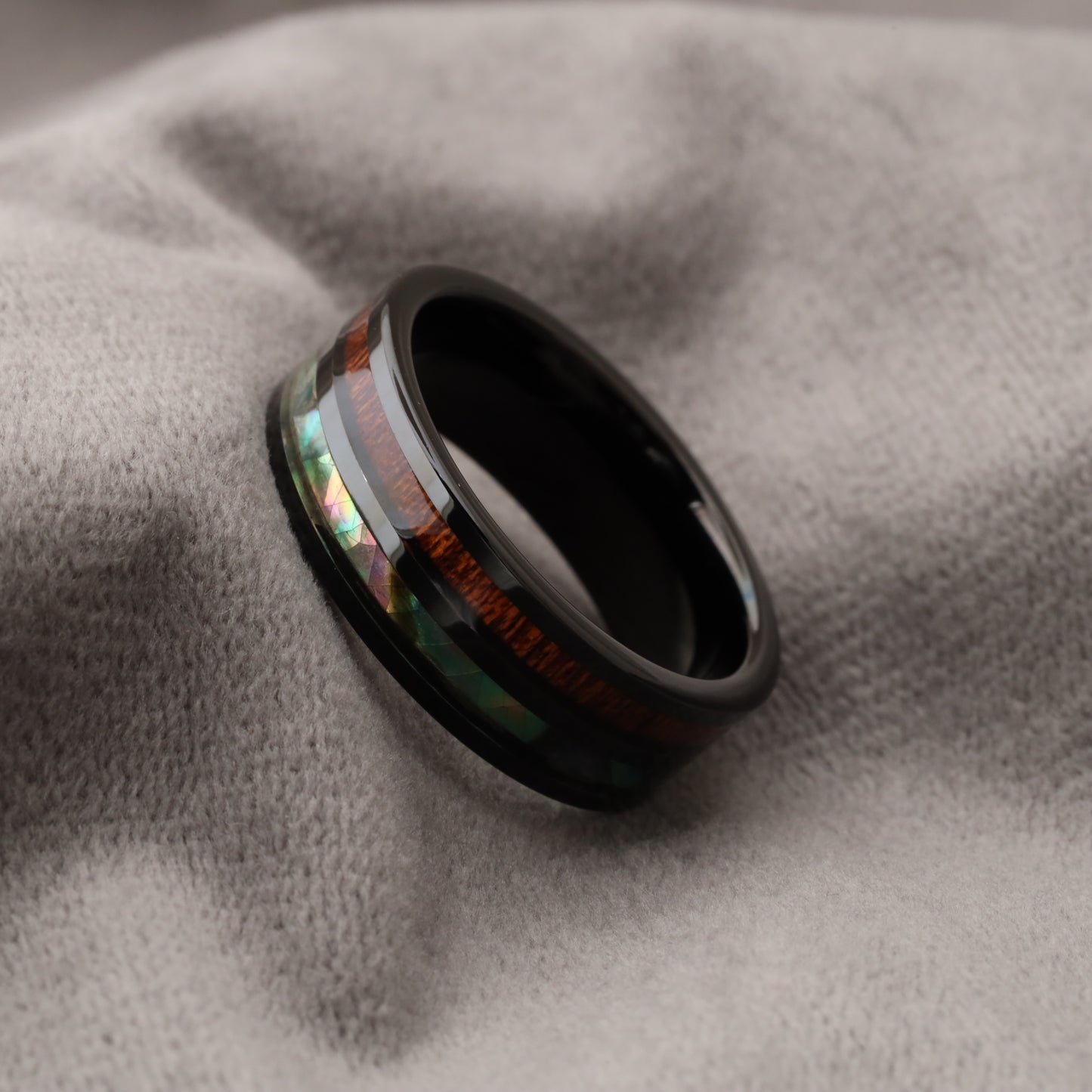 Black Tungsten Ring with Koa Wood & Abalone Shell Inlay A170
