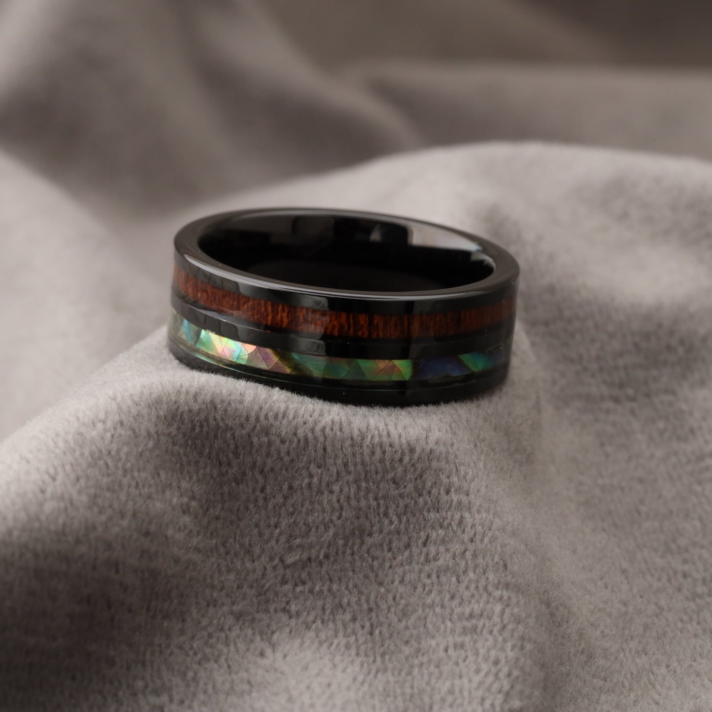 Black Tungsten Ring with Koa Wood & Abalone Shell Inlay A170