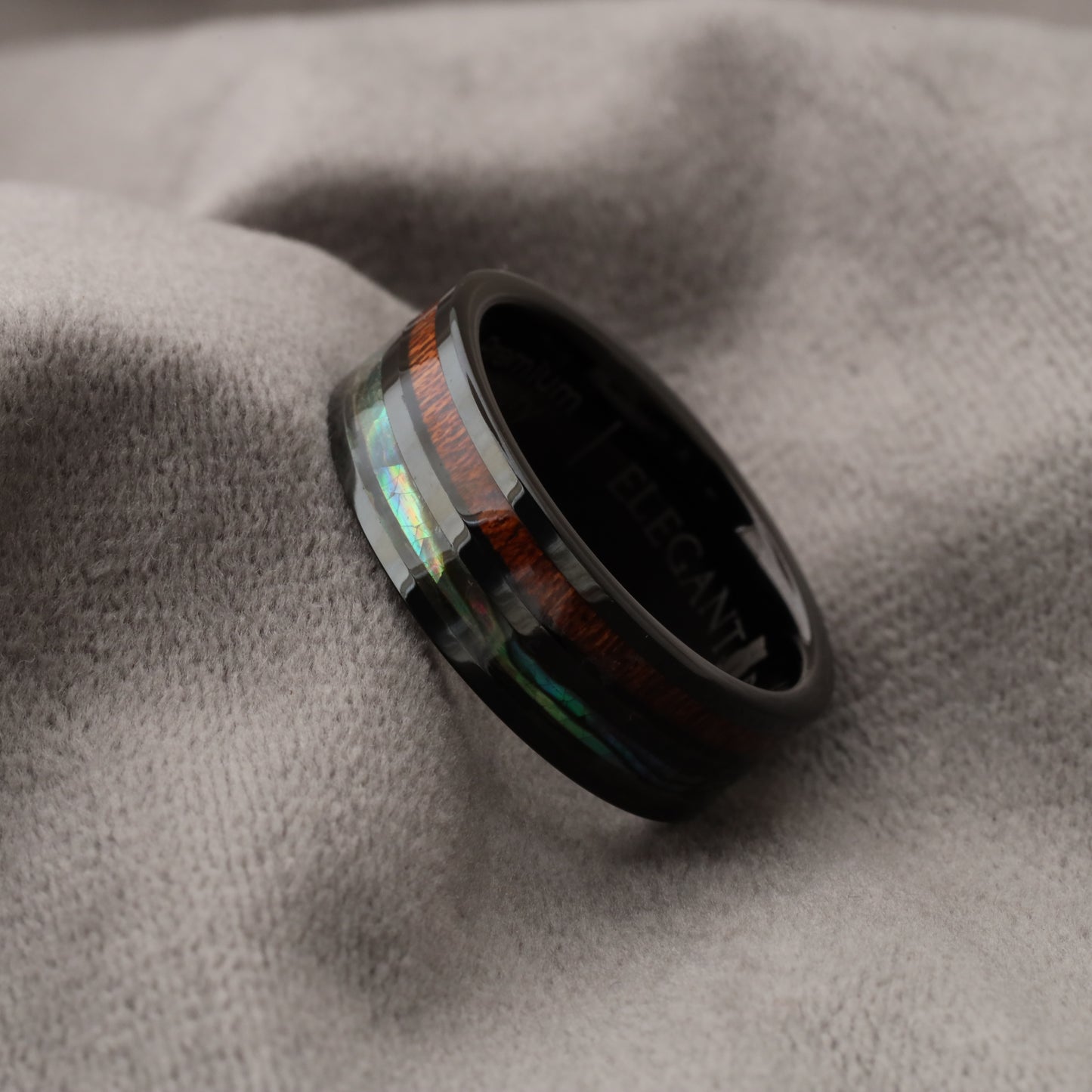 Black Tungsten Ring with Koa Wood & Abalone Shell Inlay A170