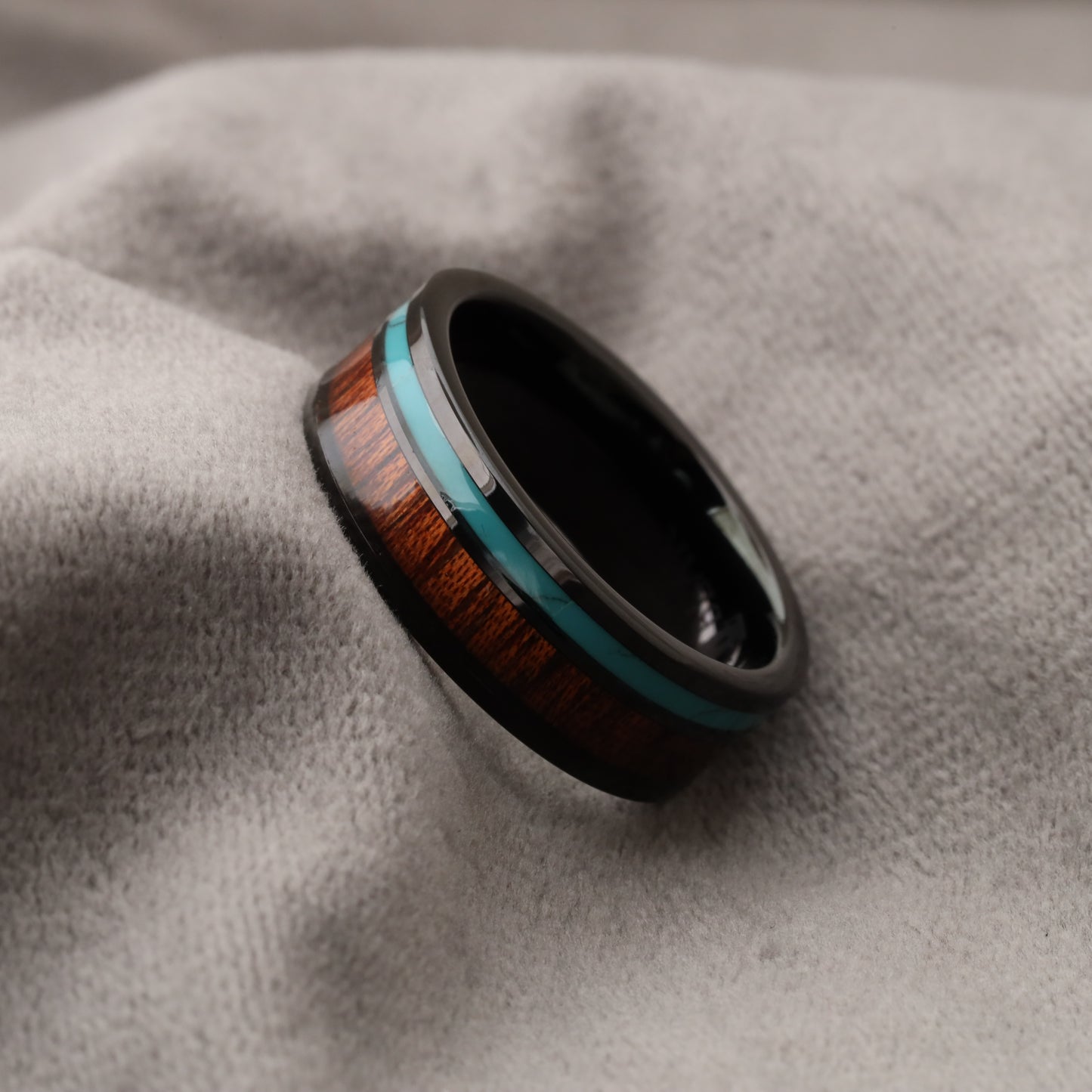 Black Tungsten Ring with Koa Wood & Natural Turquoise Stone - Unique Design - 8mm - A185