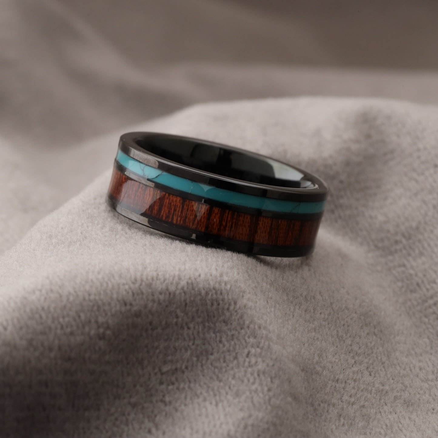 Black Tungsten Ring with Koa Wood & Natural Turquoise Stone - Unique Design - 8mm - A185