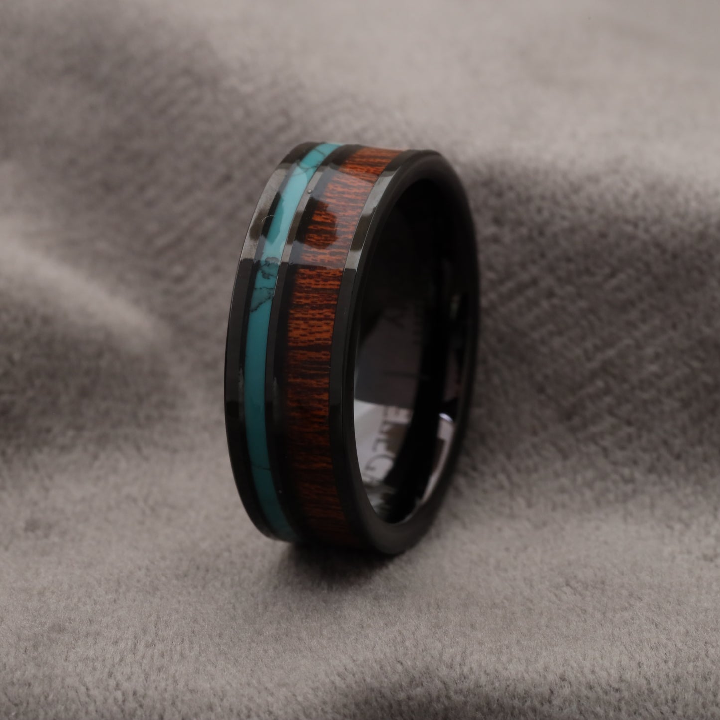 Black Tungsten Ring with Koa Wood & Natural Turquoise Stone - Unique Design - 8mm - A185