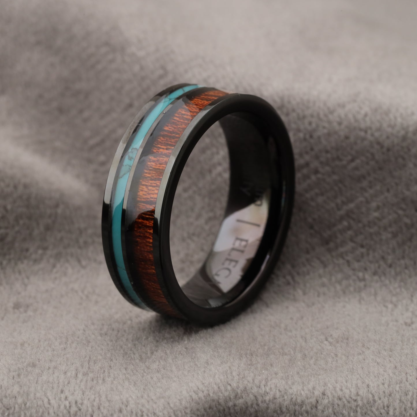 Black Tungsten Ring with Koa Wood & Natural Turquoise Stone - Unique Design - 8mm - A185