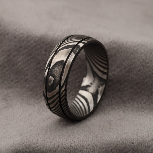 A322 Damascus Steel Ring Silver - Ultra Durable