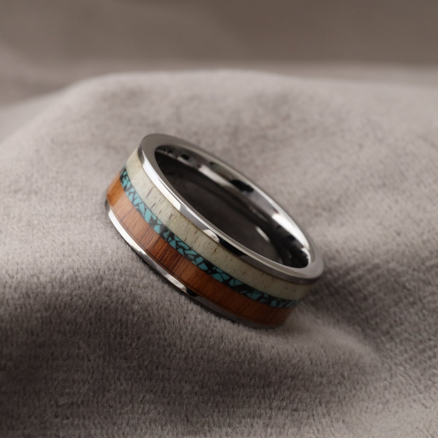 Silver Tungsten Ring with Deer Antler, Crushed Turquoise & Koa Wood - Triple Inlay - 8mm - A169