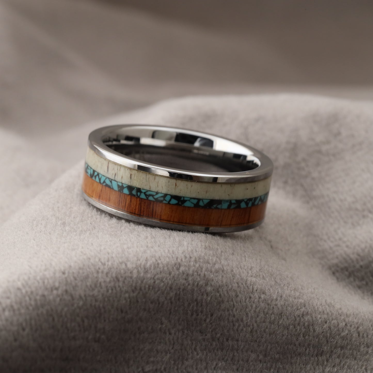 Silver Tungsten Ring with Deer Antler, Crushed Turquoise & Koa Wood - Triple Inlay - 8mm - A169