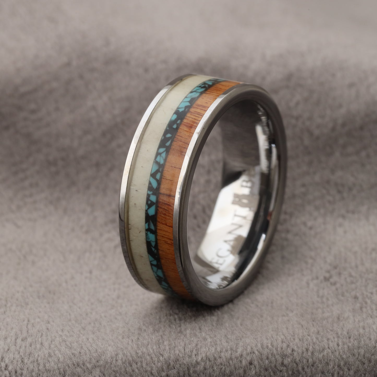 Silver Tungsten Ring with Deer Antler, Crushed Turquoise & Koa Wood - Triple Inlay - 8mm - A169