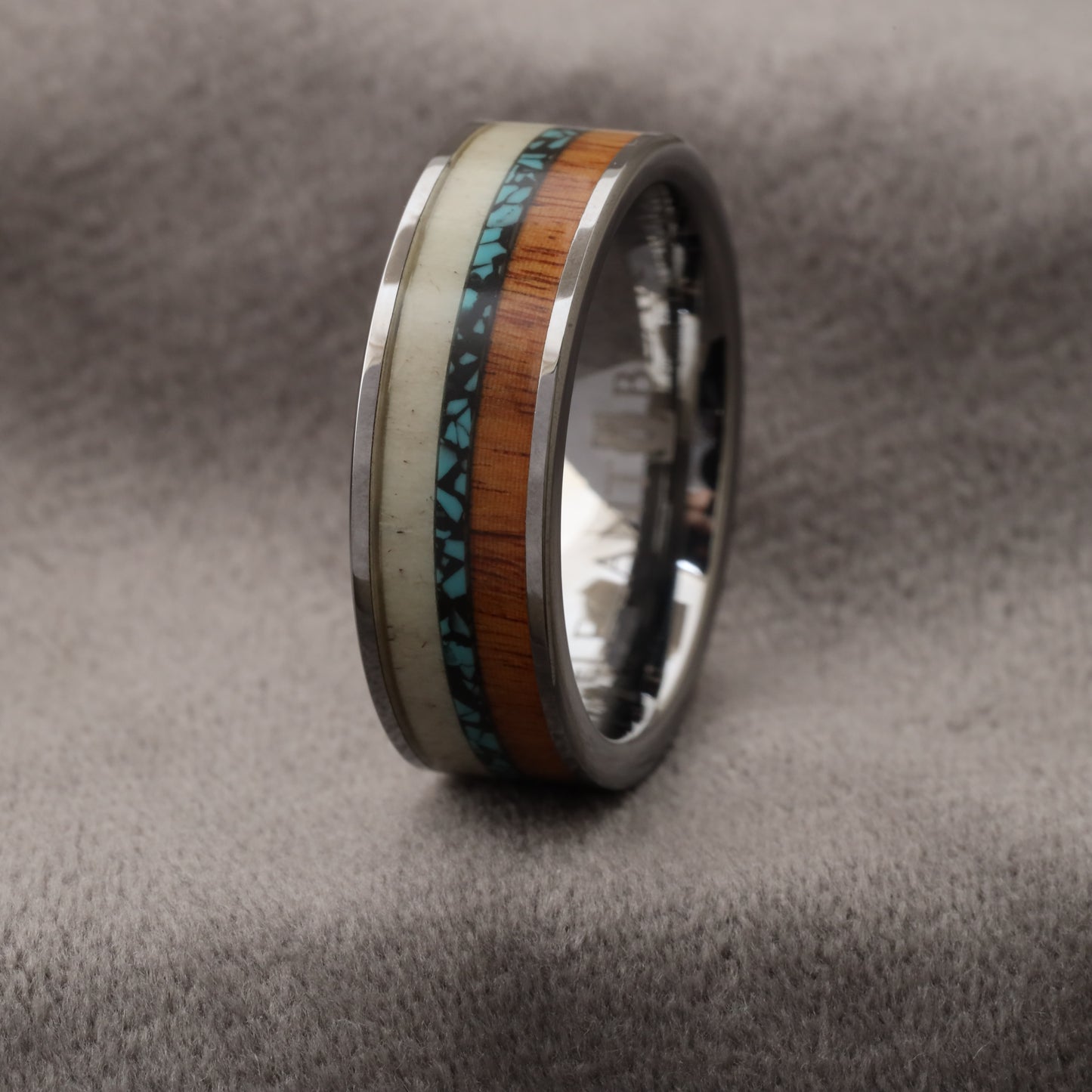 Silver Tungsten Ring with Deer Antler, Crushed Turquoise & Koa Wood - Triple Inlay - 8mm - A169
