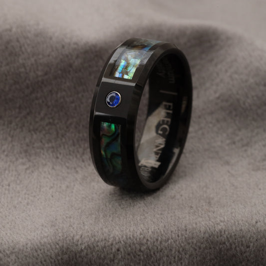 A186 Tungsten Carbide Ring with Abalone Shell and Blue Micro Zircon