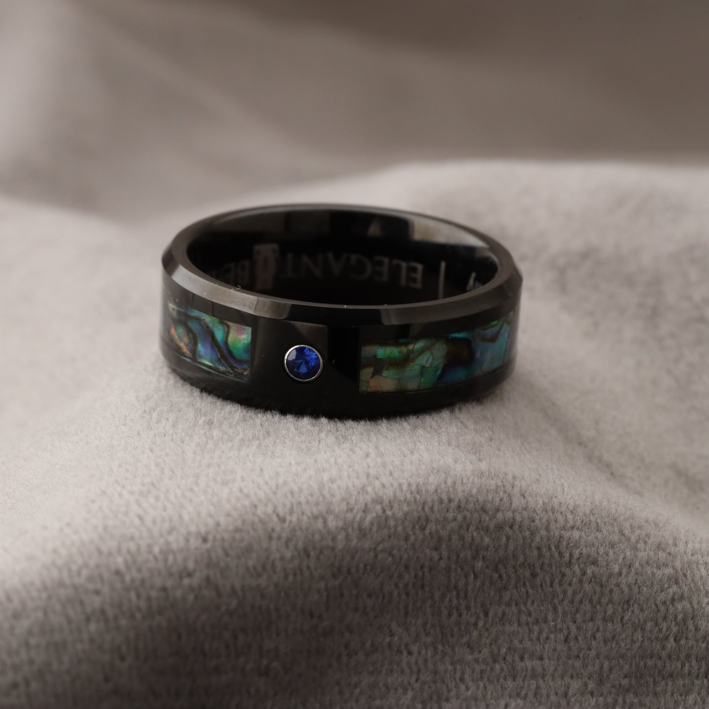 A186 Tungsten Carbide Ring with Abalone Shell and Blue Micro Zircon