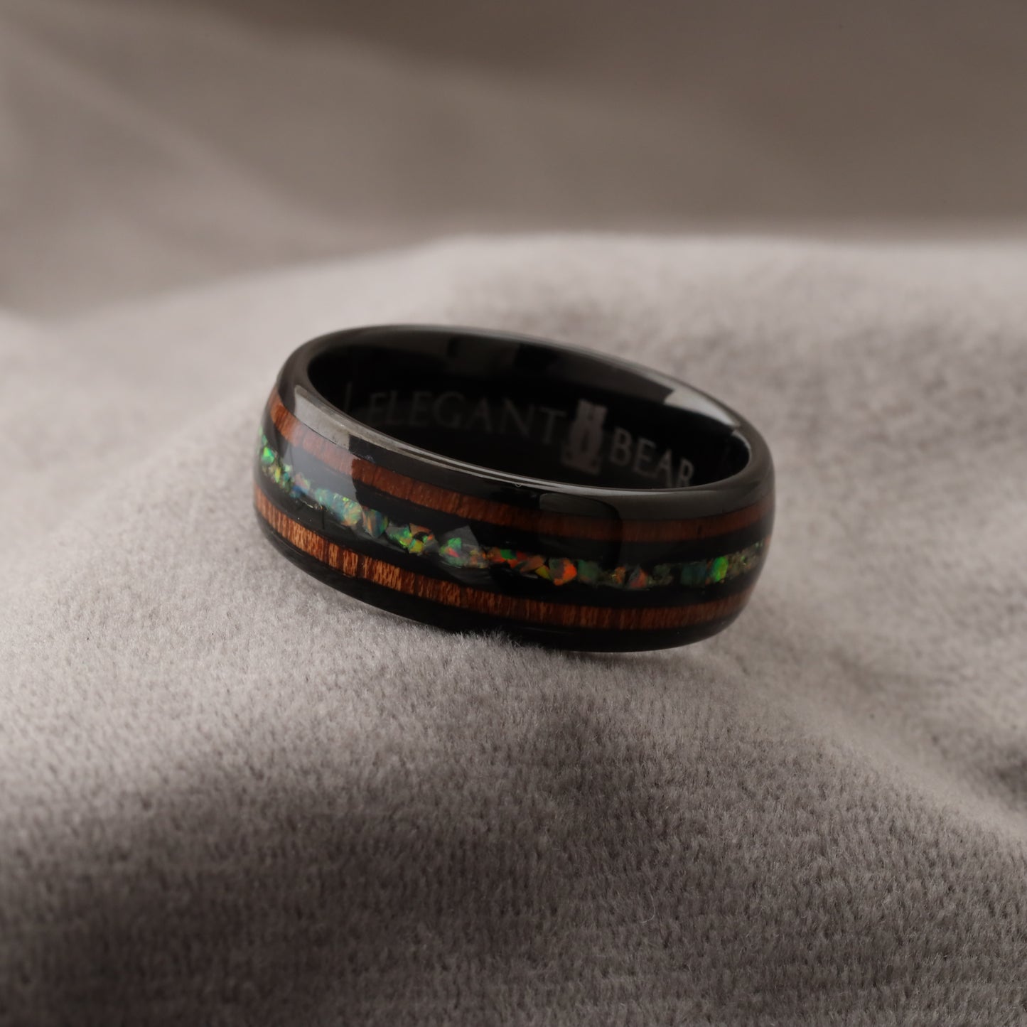 Black Tungsten Ring with Koa Wood & Natural Fire Opal Stones - Premium Design - 8mm - A175