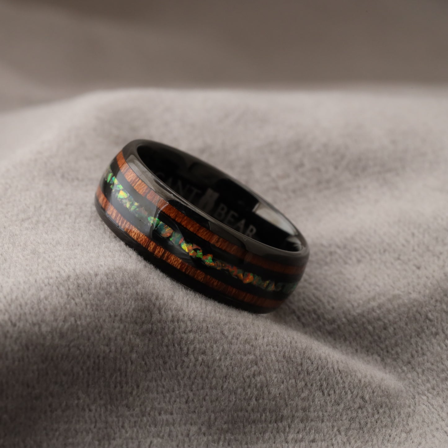 Black Tungsten Ring with Koa Wood & Natural Fire Opal Stones - Premium Design - 8mm - A175