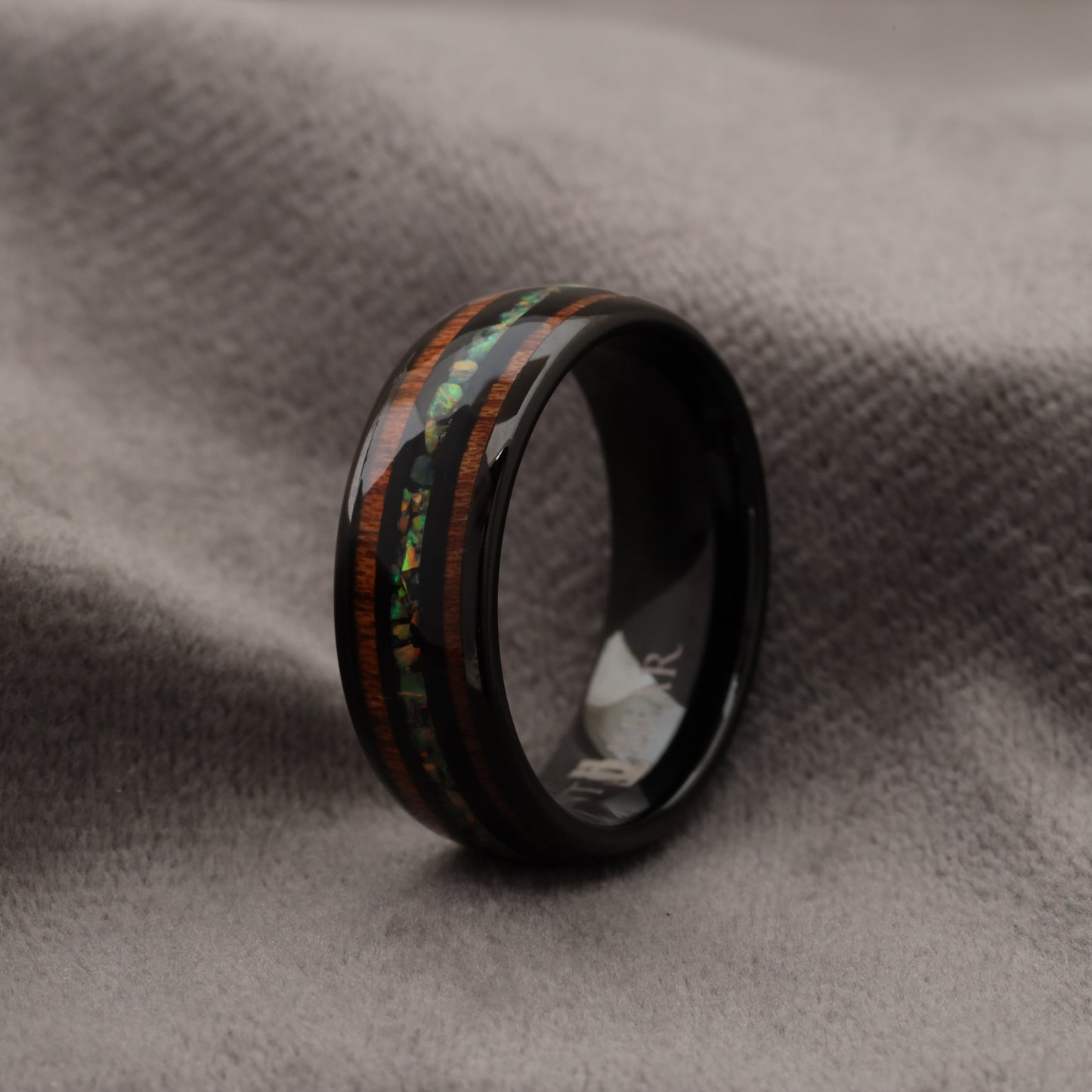 Black Tungsten Ring with Koa Wood & Natural Fire Opal Stones - Premium Design - 8mm - A175