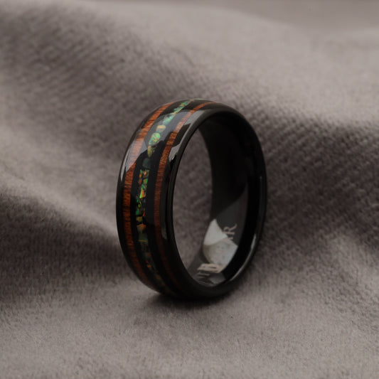 Black Tungsten Ring with Koa Wood & Natural Fire Opal Stones - Premium Design - 8mm - A175
