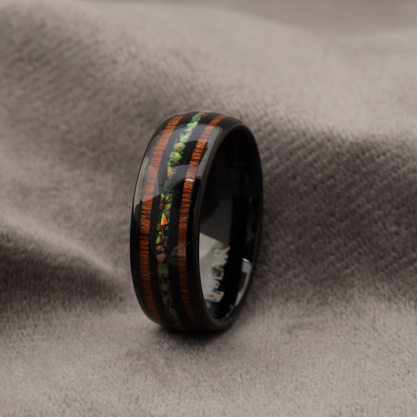 Black Tungsten Ring with Koa Wood & Natural Fire Opal Stones - Premium Design - 8mm - A175