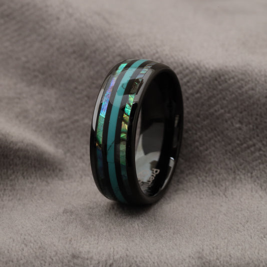 Tungsten Ring with Turquoise Stone, Abalone Shell & Koa Wood - Triple Inlay - 8mm - A184