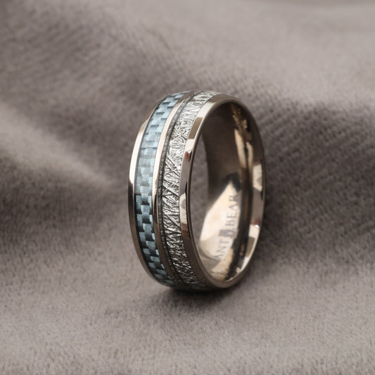 A130 Titanium Ring with Blue Carbon Fiber & Meteorite - Aerospace Design