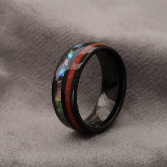Tungsten Ring with Natural Abalone Shell & Red Elder Box Wood - 8mm - A167