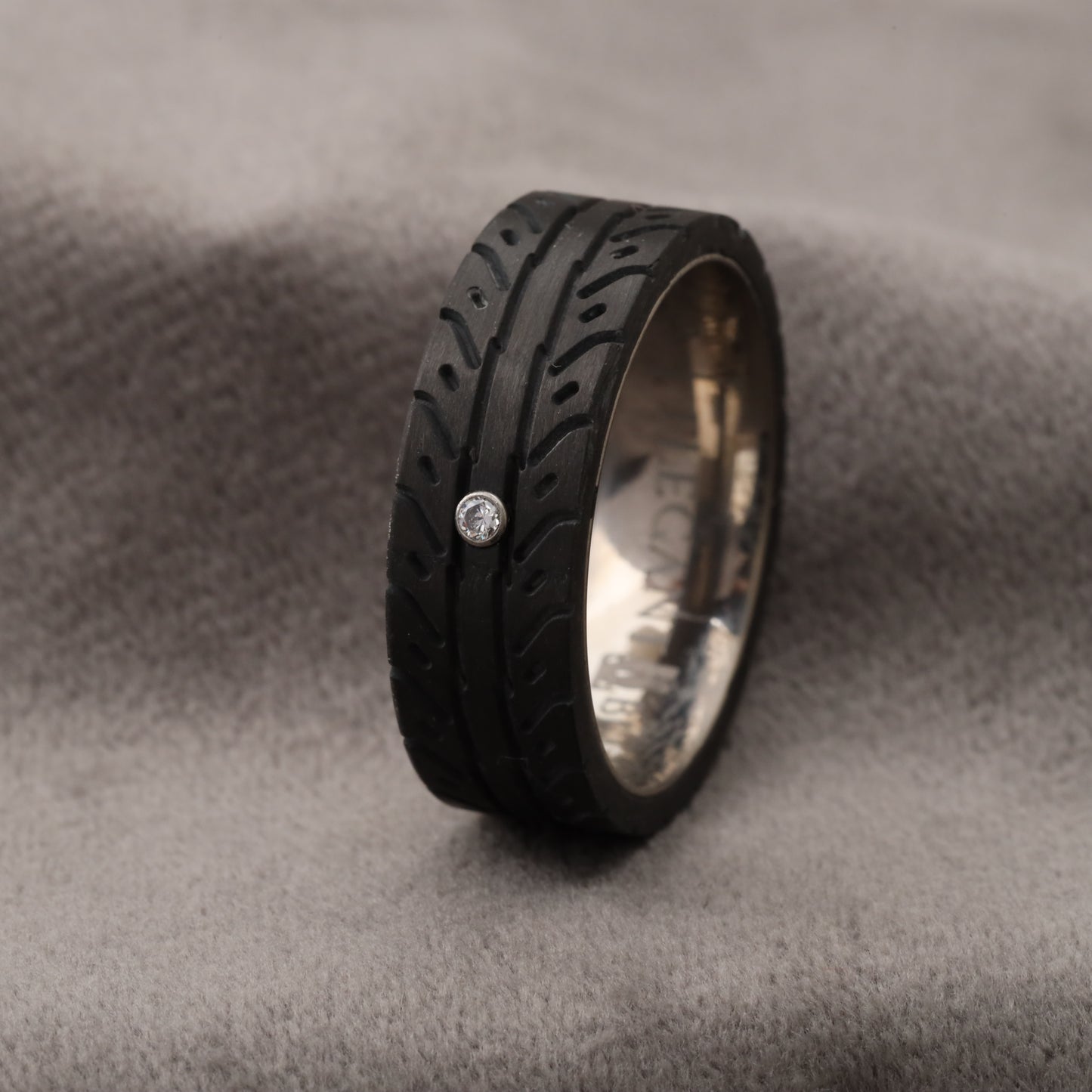 Carbon Fiber Ring with CZ Diamond & Silver Titanium Core - 8mm - A199