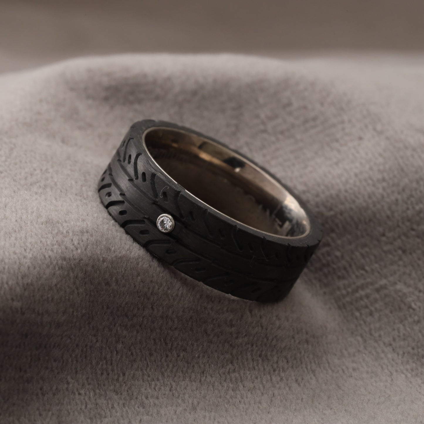 Carbon Fiber Ring with CZ Diamond & Silver Titanium Core - 8mm - A199