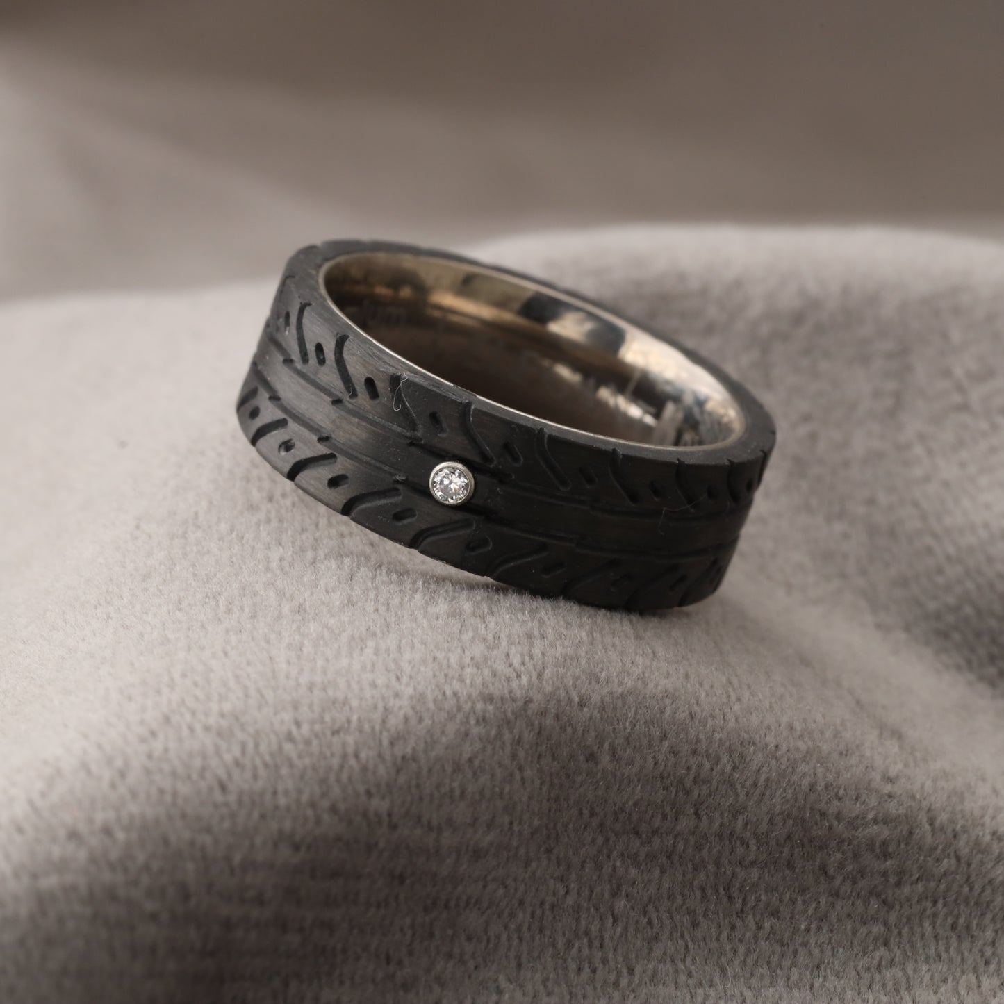 Carbon Fiber Ring with CZ Diamond & Silver Titanium Core - 8mm - A199