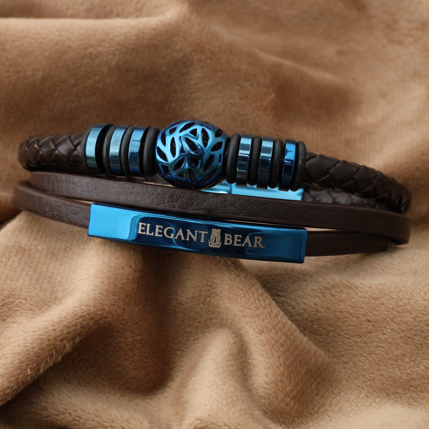 Autumn Ball Brown Genuine Leather Blue Stainless Steel Bracelet L1255