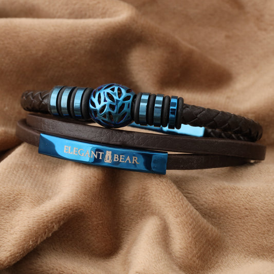 Autumn Ball Brown Genuine Leather Blue Stainless Steel Bracelet L1255