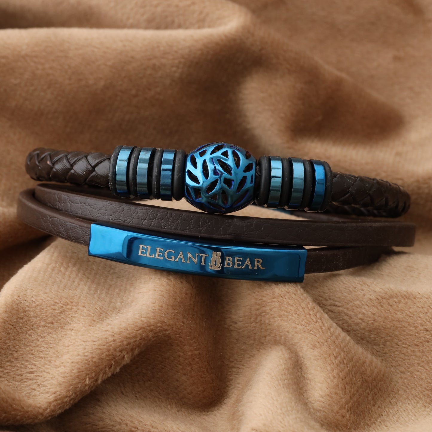 Autumn Ball Brown Genuine Leather Blue Stainless Steel Bracelet L1255