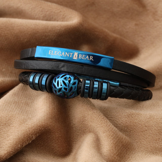 Autumn Ball Black Genuine Leather Blue Stainless Steel Bracelet L1256