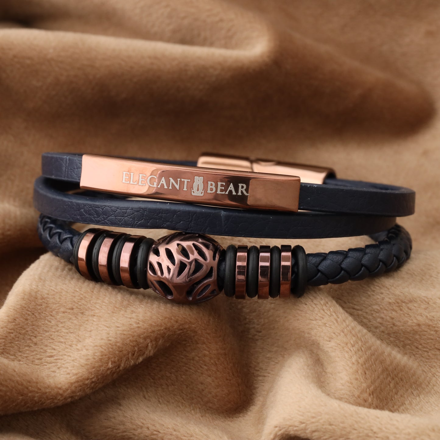 Autumn Ball Blue Genuine Leather Brown Stainless Steel Bracelet  L1229