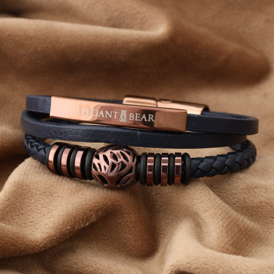 Autumn Ball Blue Genuine Leather Brown Stainless Steel Bracelet  L1229