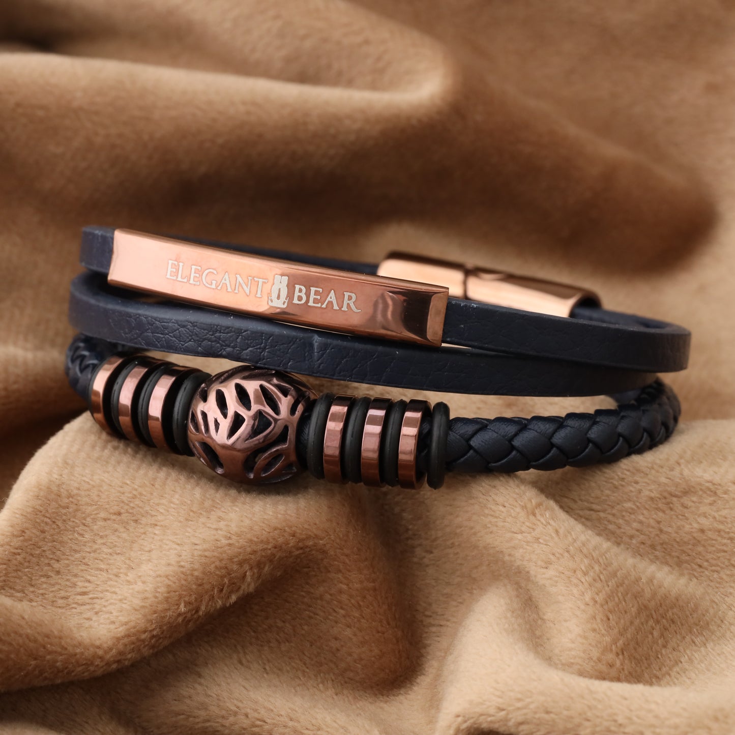 Autumn Ball Blue Genuine Leather Brown Stainless Steel Bracelet  L1229