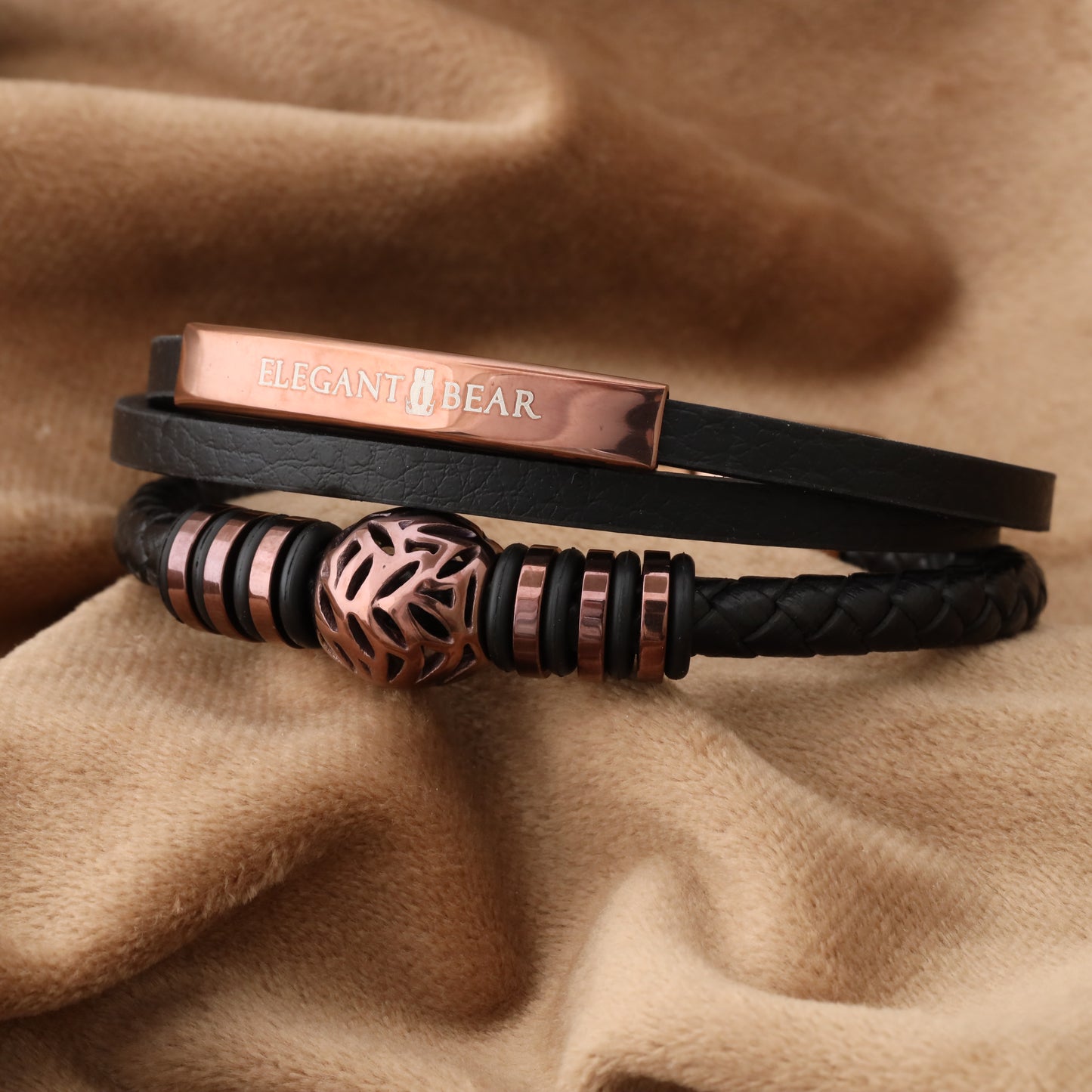Autumn Ball Black Genuine Leather Brown Stainless Steel Bracelet  L1228