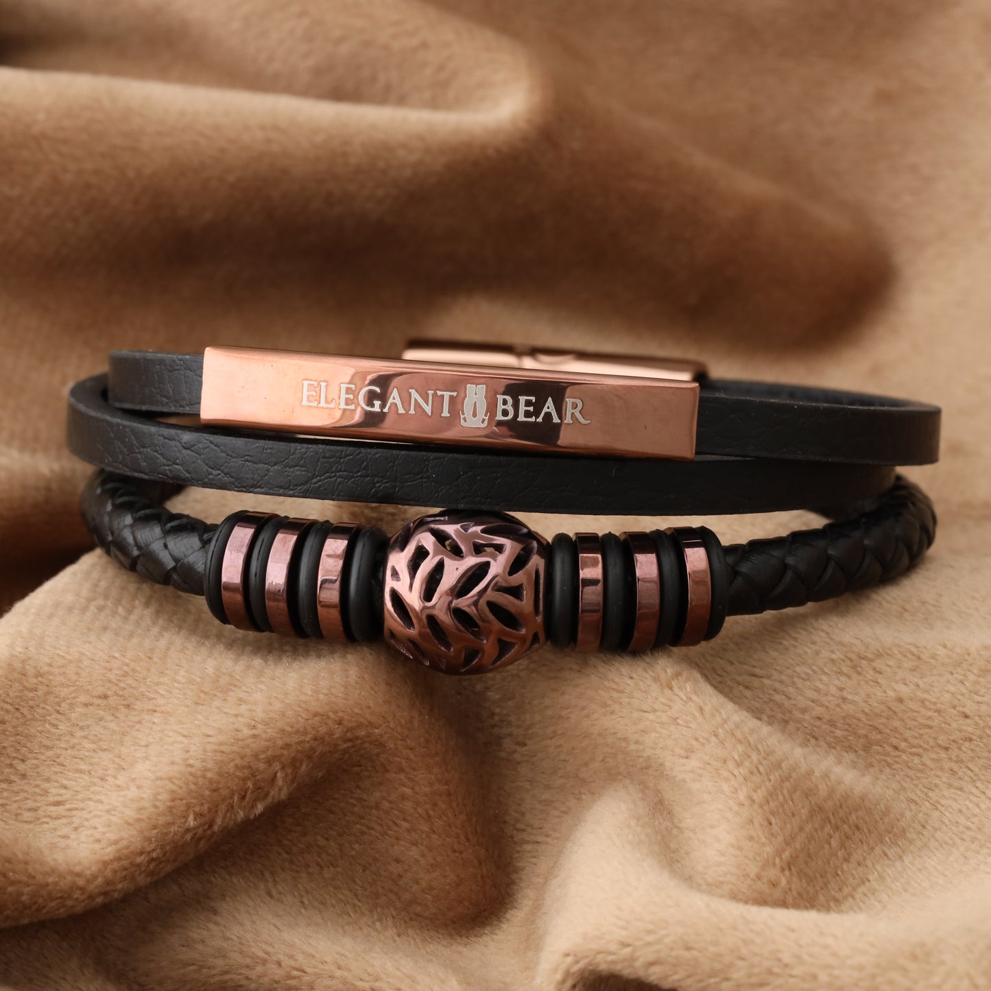 Autumn Ball Black Genuine Leather Brown Stainless Steel Bracelet  L1228