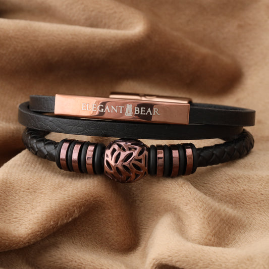 Autumn Ball Black Genuine Leather Brown Stainless Steel Bracelet  L1228