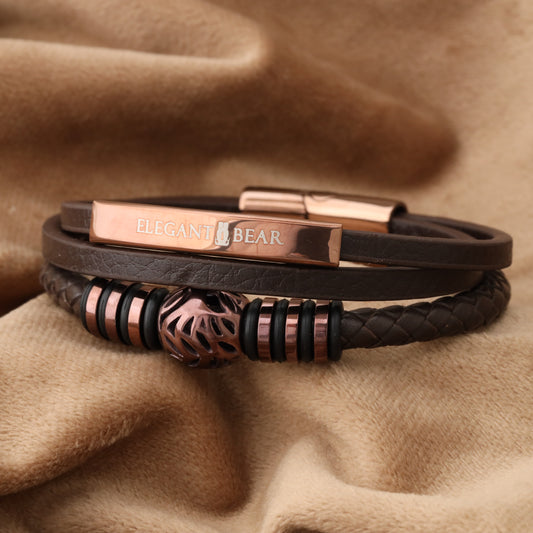 Autumn Ball Brown Genuine Leather Brown Stainless Steel Bracelet  L1227