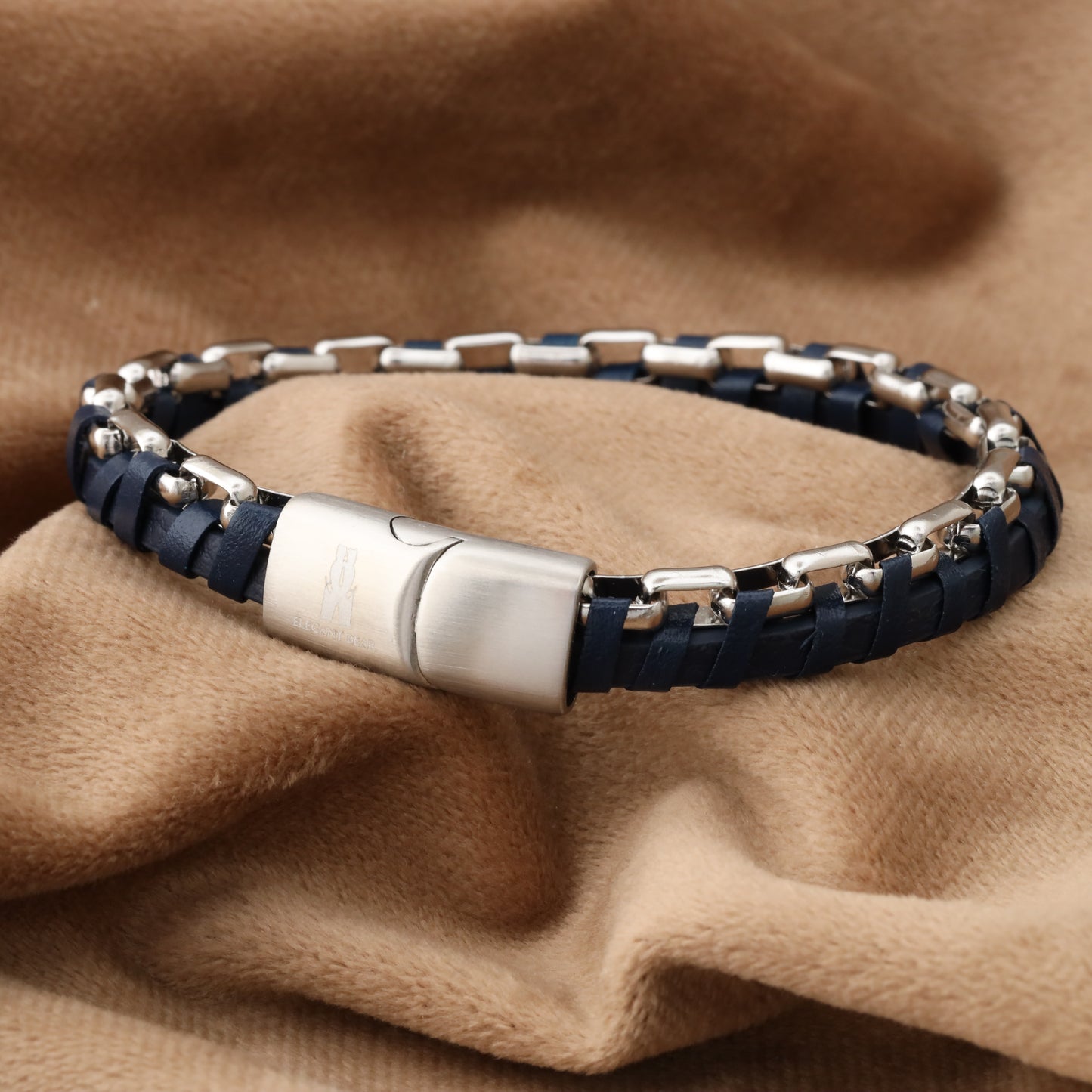 Half Cuban Chain Blue  Genuine Leather Silver Stainless Steel Bracelet L1210