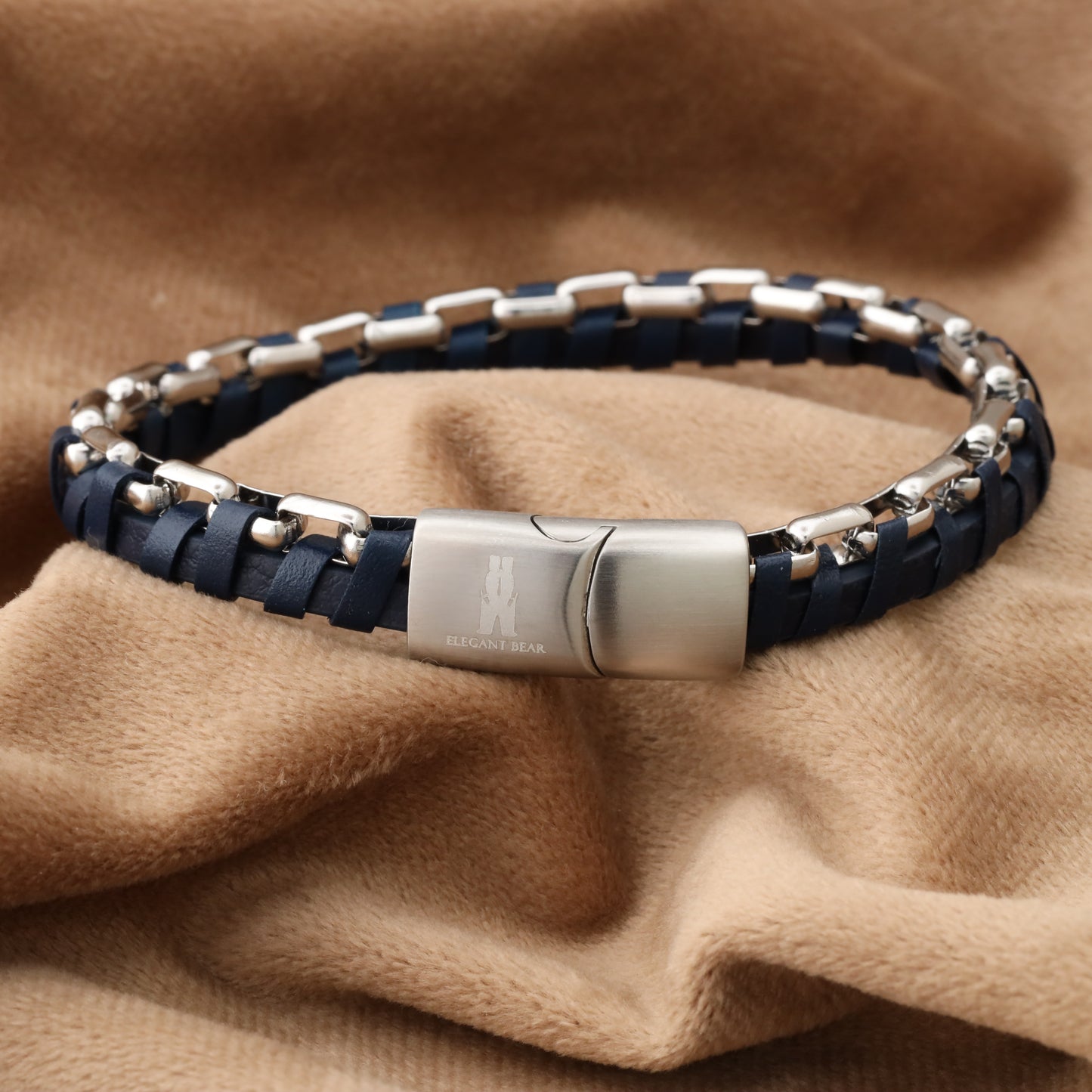 Half Cuban Chain Blue  Genuine Leather Silver Stainless Steel Bracelet L1210