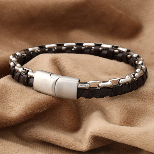 Half Cuban Chain Brown Genuine Leather Silver Stainless Steel Bracelet L1209