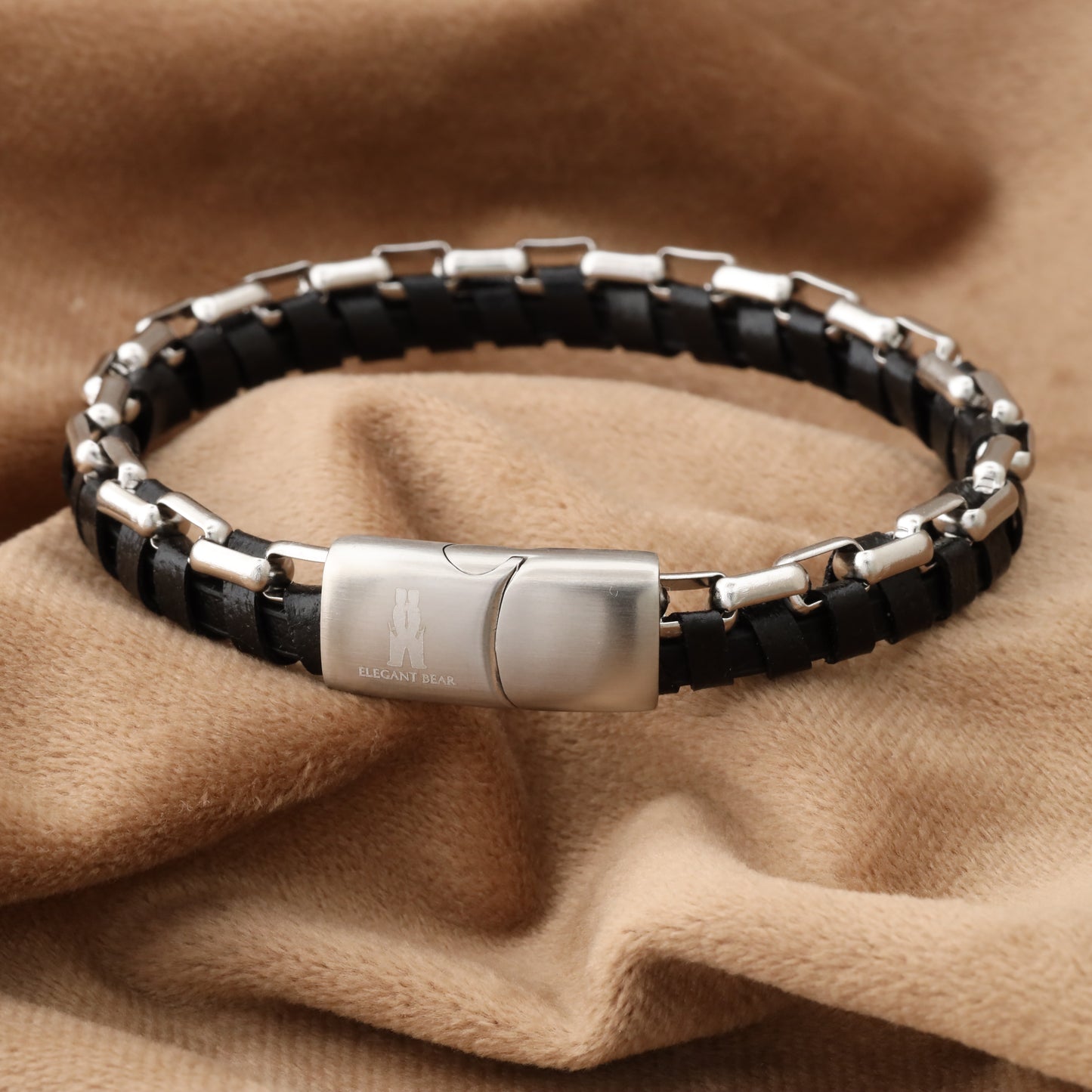 Half Cuban Chain Black Genuine Leather Silver Stainless Steel Bracelet L1206
