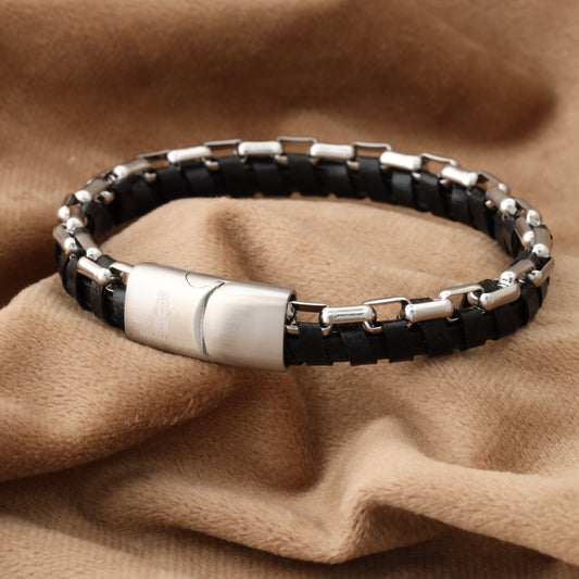 Half Cuban Chain Black Genuine Leather Silver Stainless Steel Bracelet L1206