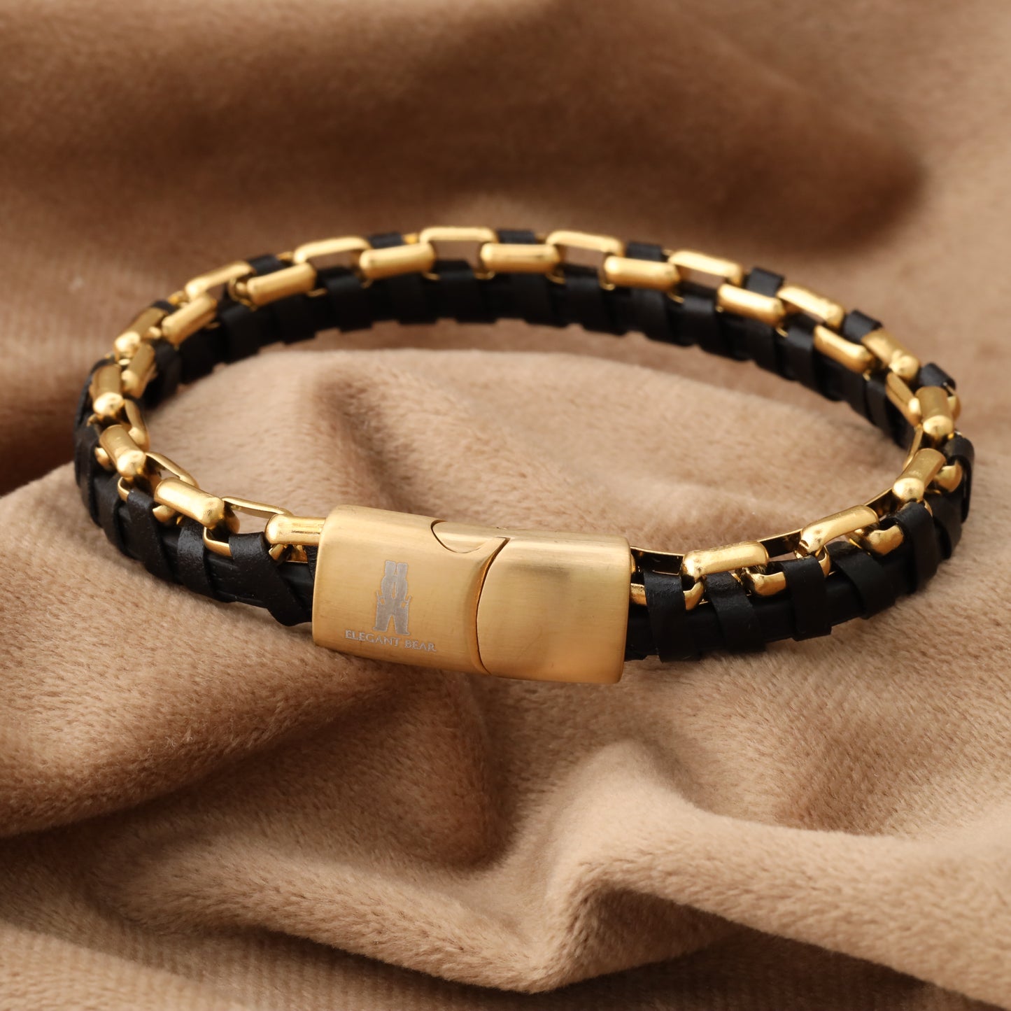 Half Cuban Chain Black Genuine Leather Gold Stainless Steel Bracelet  L1230