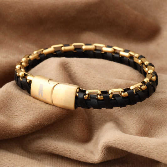 Half Cuban Chain Black Genuine Leather Gold Stainless Steel Bracelet  L1230