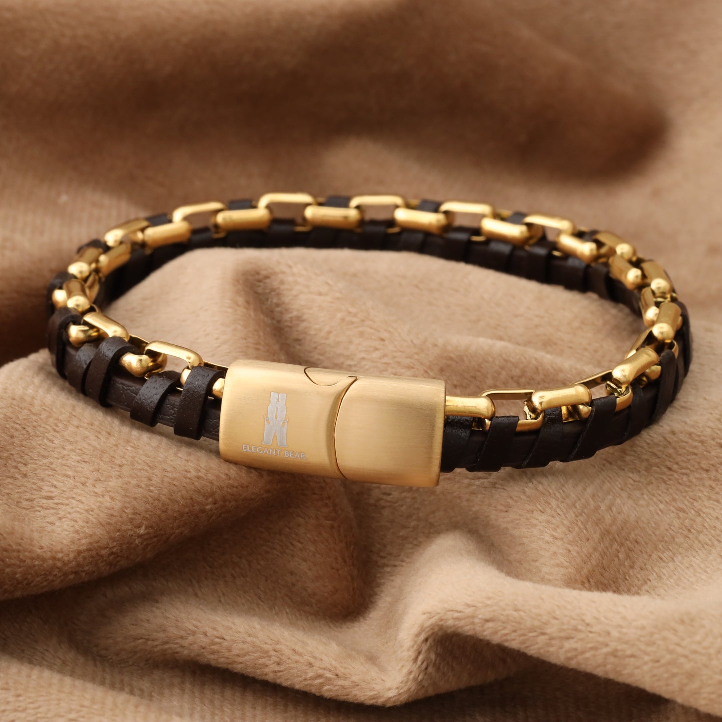 Half Cuban Chain Brown Genuine Leather Gold Stainless Steel Bracelet L1232