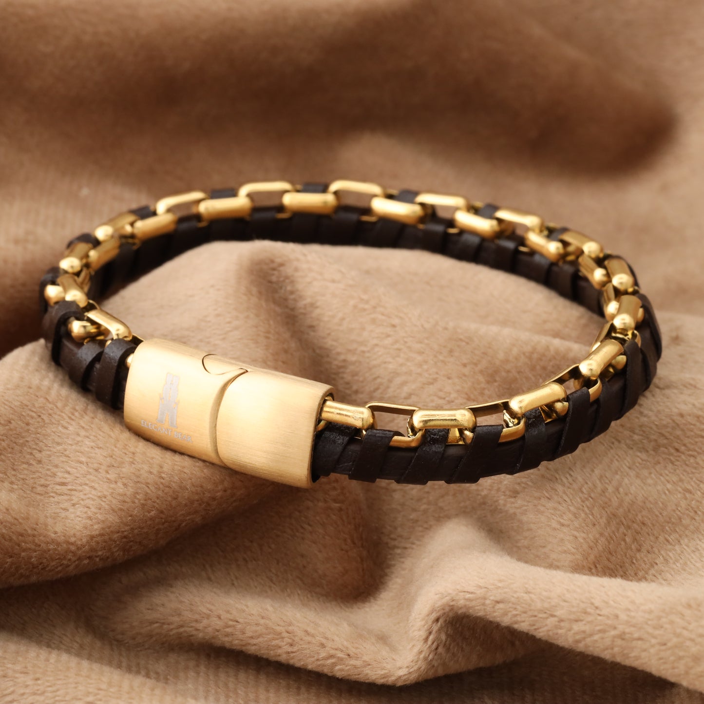 Half Cuban Chain Brown Genuine Leather Gold Stainless Steel Bracelet L1232