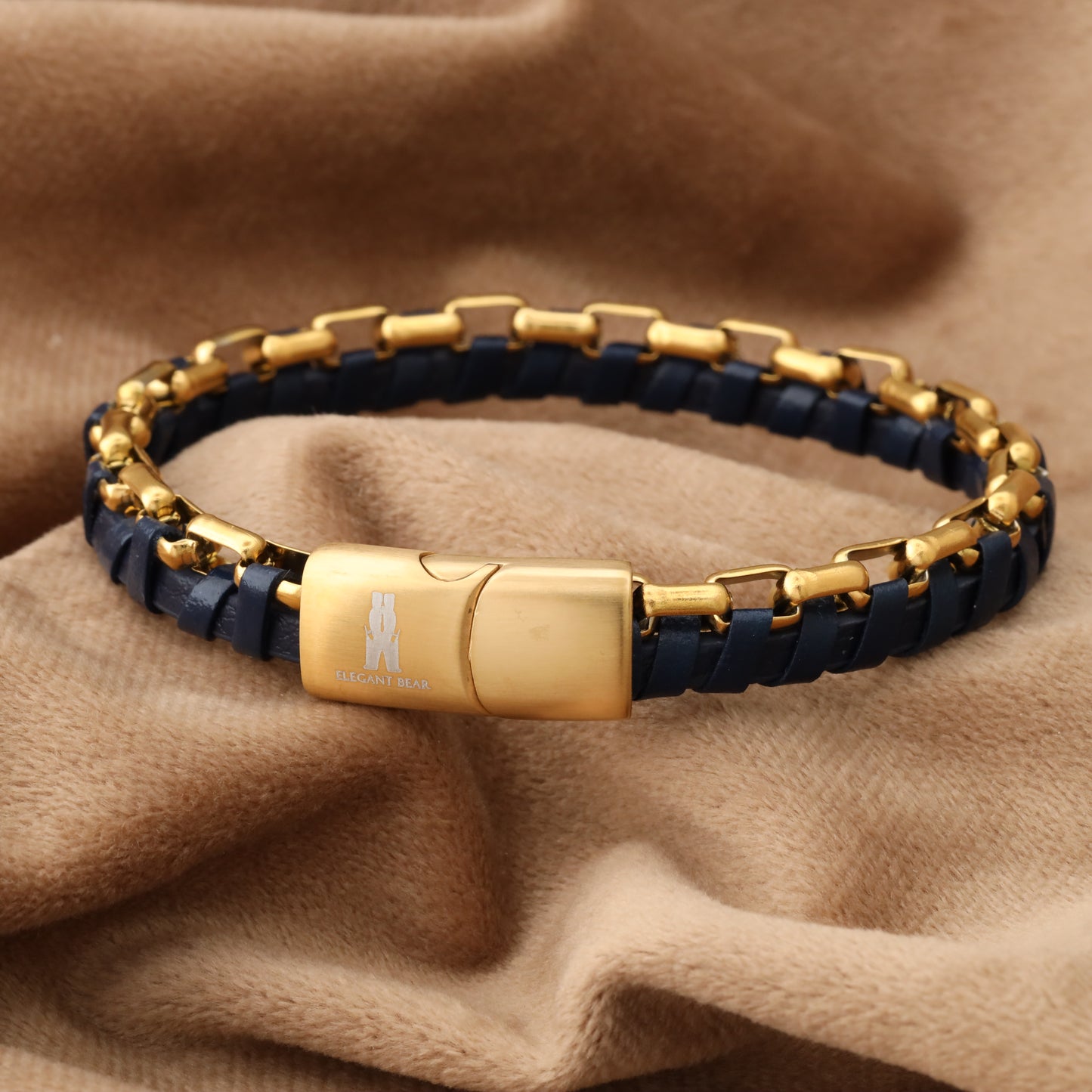 Half Cuban Chain Blue Genuine Leather Gold Stainless Steel Bracelet L1231