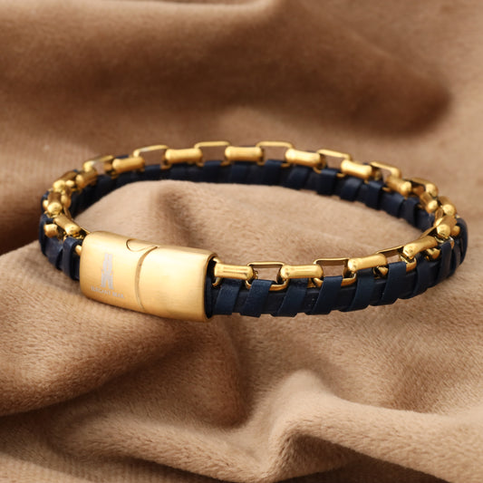 Half Cuban Chain Blue Genuine Leather Gold Stainless Steel Bracelet L1231