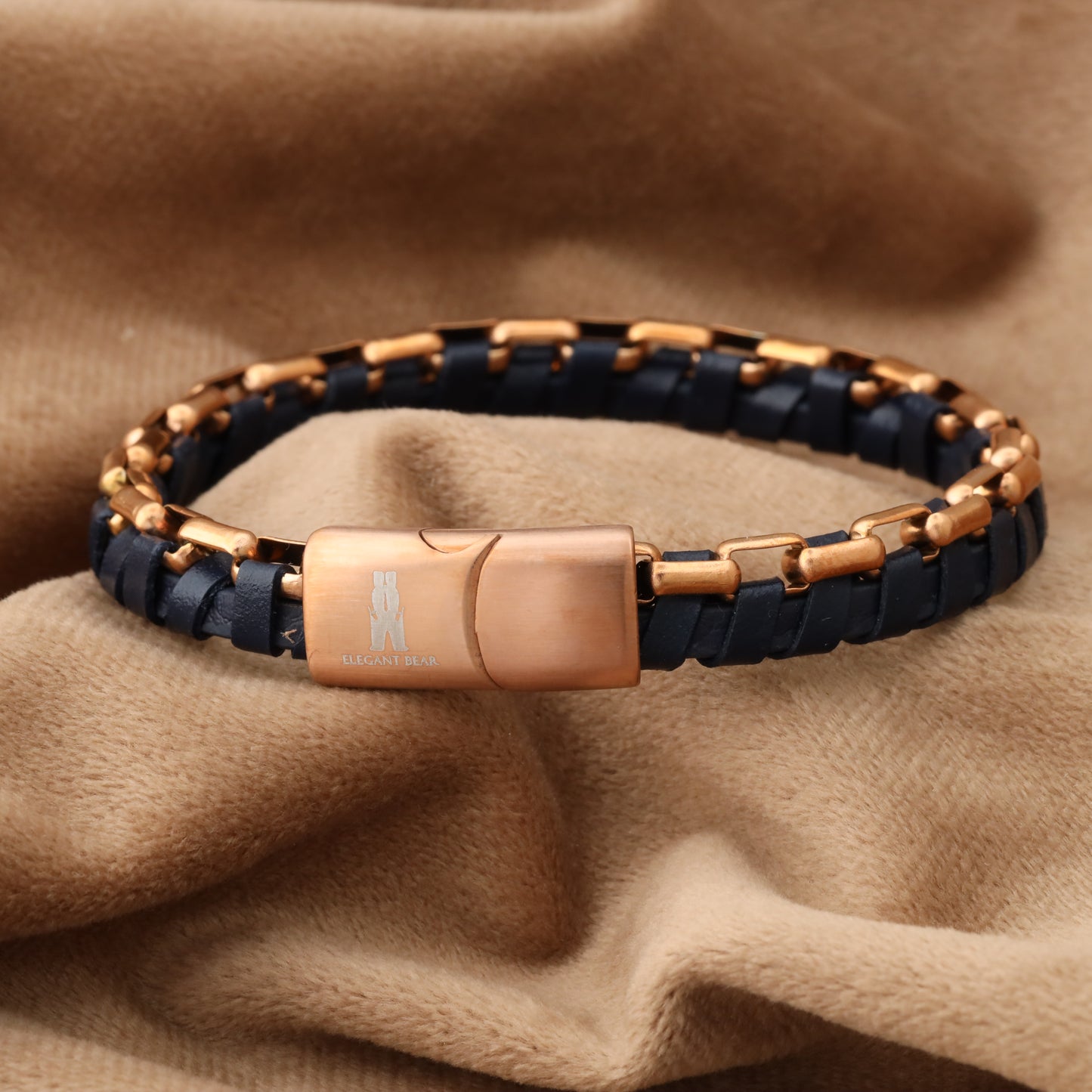 Blue Half Cuban Chain Genuine Leather Rose Gold Stainless Steel Bracelet L1214