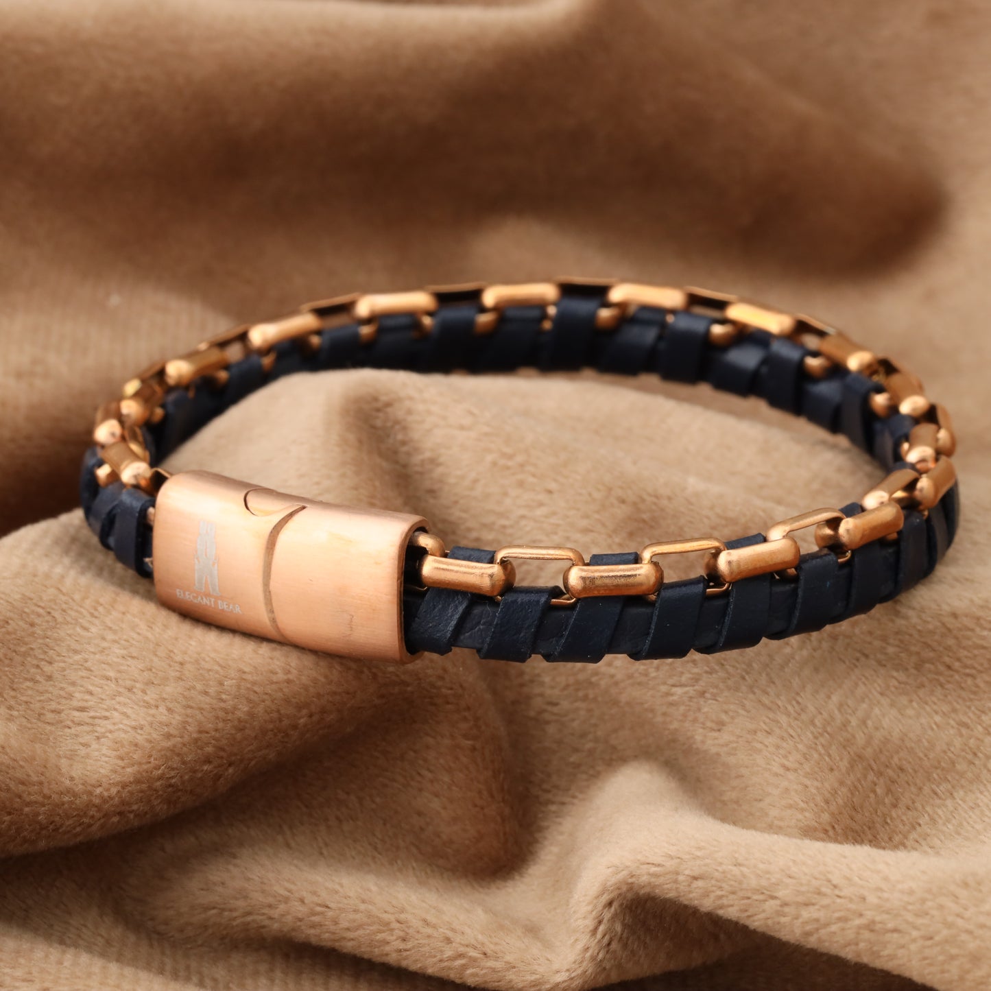 Blue Half Cuban Chain Genuine Leather Rose Gold Stainless Steel Bracelet L1214